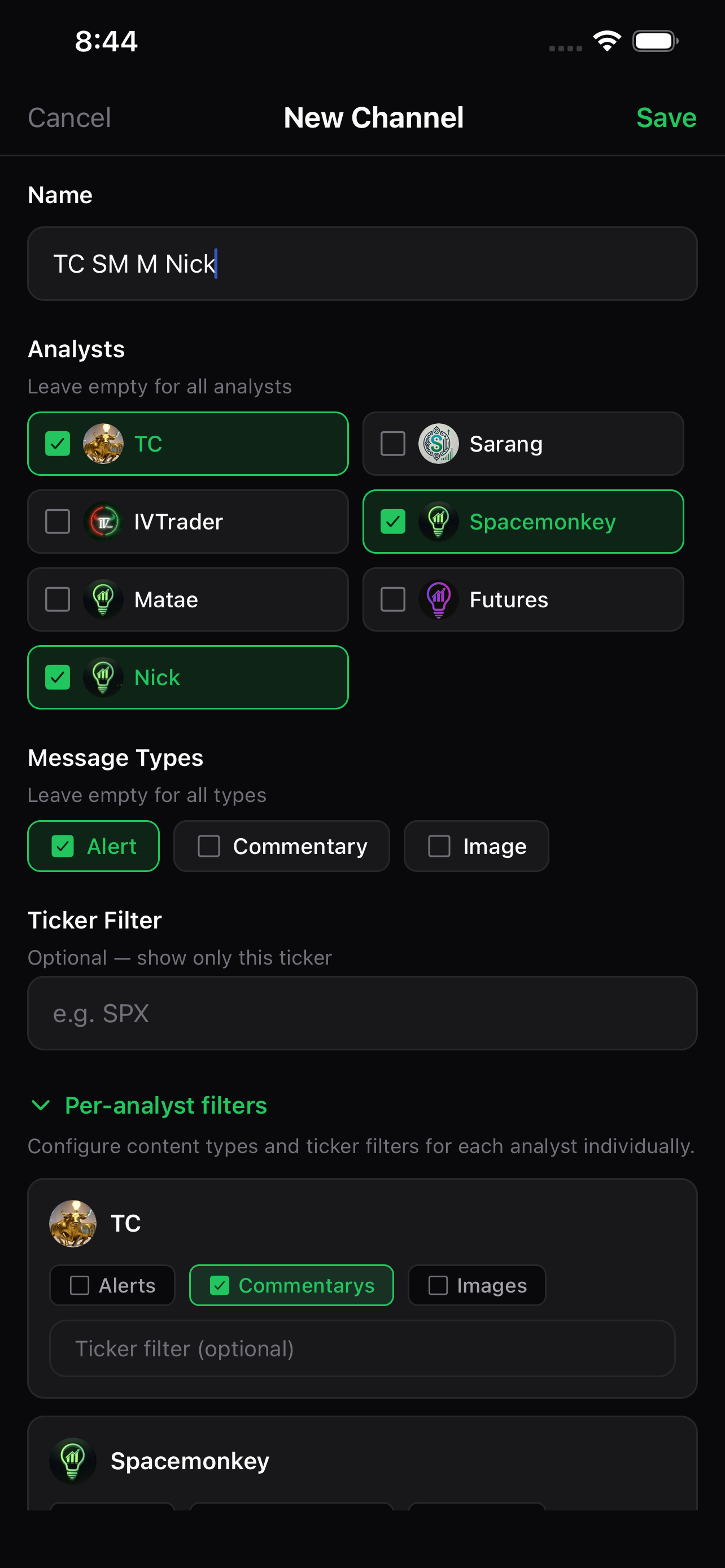 Channels selection